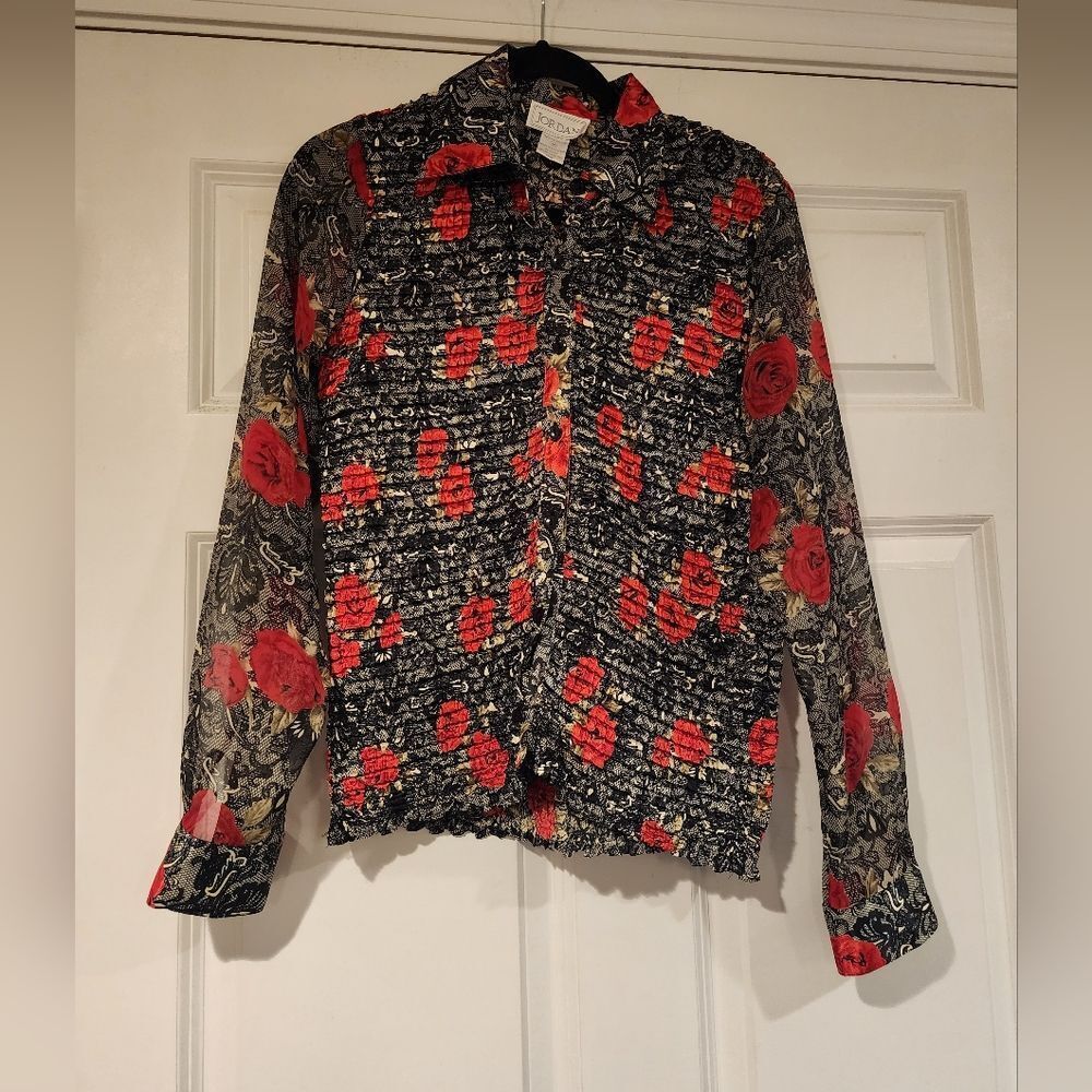 NWT Jordan black, white, and red floral button up blouse with sheer sleeves